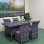 Производитель Sunlinedesign Outdoor Rattan Furniture Комплектация 4 персоны: Стол обеденный из искусственного ротанга "Samurai" brown grey 160см. Столешница заплетена, верх стекло. Стулья плетеные "Rose" brown grey- 4шт.